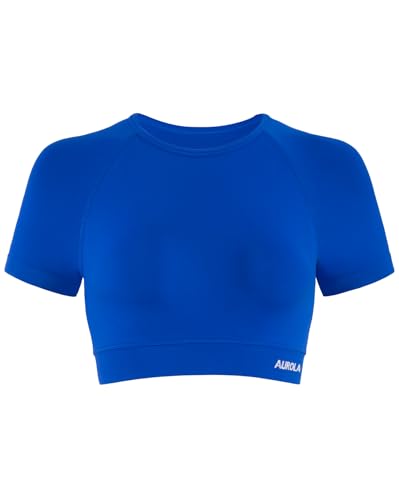 Image of AUROLA Influence Women Crop Top Short Sleeve Compression Workout T-Shirt | Raglan Short Sleeve Crop Top, High-Stretch Seamless Knit, Stay-Put Ribbed Underband, Soft Breathable Comfort
