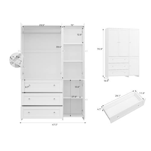 Image of VOWNER Armoire Wardrobe Closet with Drawers and Mirror, 71 inch Clothing Storage Cabinet with Hanging Rod, 4 Doors Wooden Wardrobe Cabinet for Bedroom, Large Capacity Storage