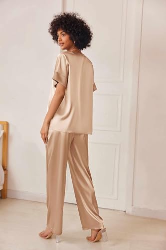 Image of Ekouaer Satin Pajama Set Womens Silk Short Sleeve V Neck Shirt with Long Pant Soft Loungewear Pjs Set