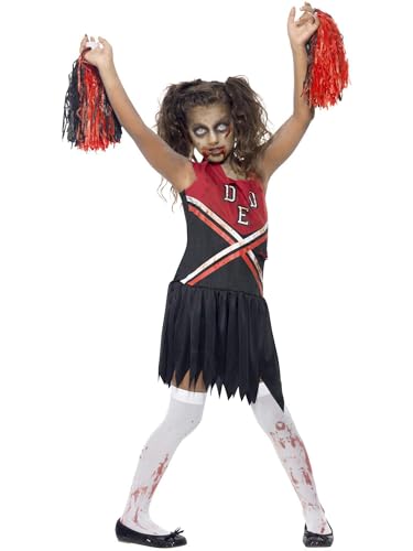 Smiffys Zombie Cheerleader Costume, Red & Black with Blood Stained Dress & Pom Poms, Halloween Child Fancy Dress, Zombie Dress Up Costumes