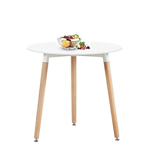 H.J WeDoo Ronde Eettafel Scandinavisch Keukentafel, 80 * 80 * 75 cm, Poten Natuur, Rubberen Onderzetter, Wit