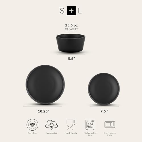 Stone Lain Celina Modern Stoneware 24-Piece Dinnerware Set, Dinner and Salad Plates, Soup Bowls, Dish set for 8, Black