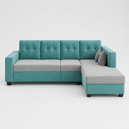 Image of FURNY Nathan 8 Seater L Shape Sofa Set RHS (Sky Blue-Light Grey) | Suede Velvet Finish | Durable Comfort Sofa for Modern Living Room & Office Spaces