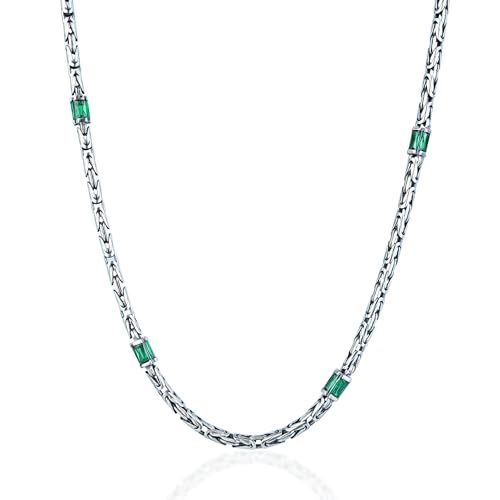 925 Men's Silver Emerald Gemstone Byzantine Round King Chain Necklace (60 Cm)