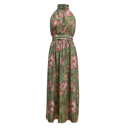 Womens Fall Boho Dresses Halter Flowy Floral Wedding Guest Maxi Dress Green - image 6