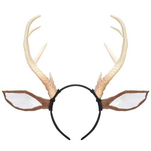 MOSTORY Reindeer Ear Antlers Headband - Deer Antler Headband for Women Adult Cosplay Renaissance Antlers Headpice with Brown Ears for Reindeer Outfit Photo Shoot Holiday Party (Detachable)