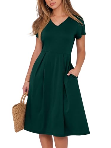 ANRABESS Women Summer Dress Casual Short Sleeve V Neck A-Line Knee Length Pleated Flowy 2026 Fashion Midi Dresses with Pocket Dark Green Medium
