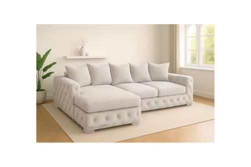 Sofaya Plush Chesterfield Corner Sofa with Left or Right Hand Option - L Shaped Sofa with Deep Tufted Buttons – Chaise Sofa Couch with Scatter Cushions for Living Room (Silver, Left Hand Chaise)