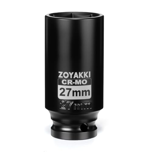 ZOYAKKI 1/2 Drive x 27 mm Deep 6 PT Impact Socket CR-MO 1/2-inch Drive 6 Point Axle Nut Socket for Easy Removal of Axle Shaft Nuts (Metric 27MM)