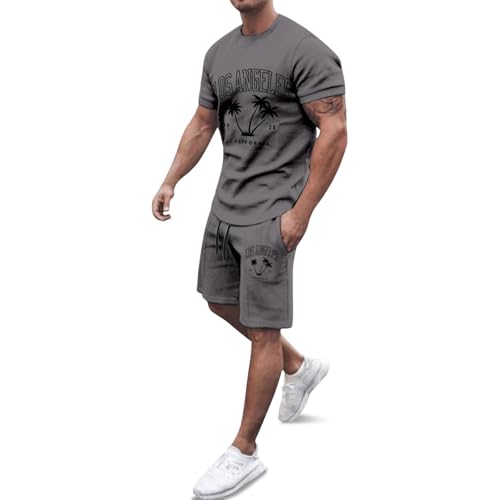 Ensemble de sport d'été avec motif arbre imprimé et coupe ample décontractée gris