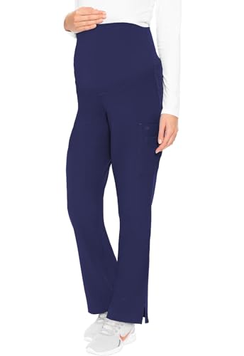Med Couture Maternity Scrub Pant - 3 Pockets Straight Leg with Side Vents at Hem Soft Jersey Knit Waist Panel MC028, M, Navy