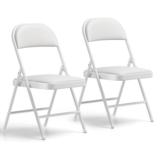 Folding Chairs 2 Pack, PU Leather Padded Folding Chairs for Outside and Indoor, Heavy Duty Portable Foldable Metal Commercial Seat for Home Office, Dorm, Party, Backyard, Lawn, Patio, White