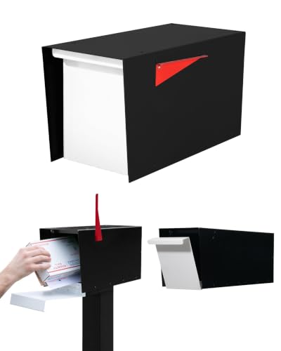 Image of Ilyapa Modern Mailbox for Post Mount - Black with White Door Powder Coated Steel, Waterproof Letter Box for Parcels, with Recessed Magnetic Close Door