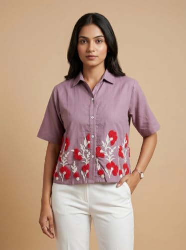 Image of Stylish Women's Embroidered Shirts | Geometric Pattern Half Sleeve Collared Button-Up Casual Shirt for Women