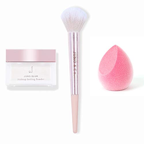 JUNO & Co. BLUR Makeup Loose Setting Powder Translucent & Large Tapered Powder Brush with Rosé Velvet Sponge (BLUR Powder Bundle)