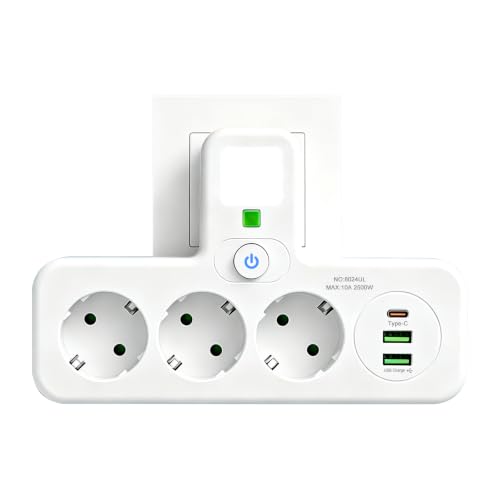 Ladron Enchufes con 3 USB,Interruptor,Luz Nocturna,7 en 1 Enchufe Multiple