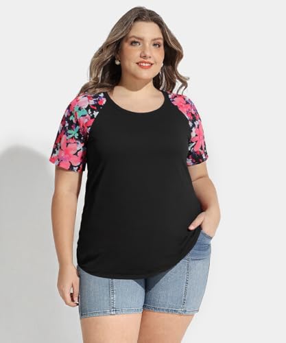 Image of CARCOS Plus Size Tops for Women Short Sleeve Raglan Striped Tee Color Block Crewneck /V Neck Tunic Loose Fit Summer XL-5XL