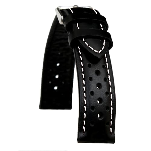 AIMVALUE Correa de reloj Rally Racing de piel negra con costuras blancas 18 mm 19 mm 20 mm 21 mm 22 mm perforada vintage para hombre acolchada, 22 mm, Cuero