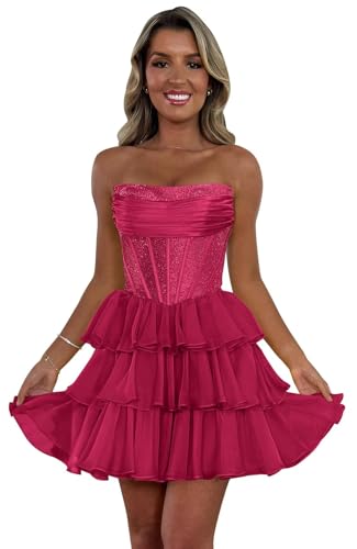 Sparkly Homecoming Dresses for Teens Tiered Chiffon Short Prom Dress Strapless LW211