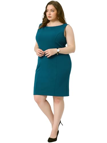 Image of Agnes Orinda Plus Size Sheath Dress for Women Sleeveless Boat Neck Casual Straight Pencil Work Dresses