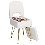 ABQ Vanity Chair with Storage, Faux Fur Dressing Table Chair & Vanity Stool for Makeup, Foldable Backrest Ottoman for Bedroom, Dressing Room, Living Room, White