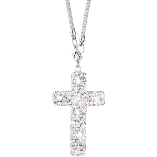 YALOJE Crystal Cross Car Rear View Mirror Charm, Bling Rhinestone Car Hanging Accessories, Automotive Interior Decoration Vehicle Rear View Mirror Pendant Ornament - Silver, 1pcs