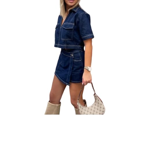 Womens V Neck Denim Crop Tops Summer Y2k Going Out Jean Shirts, Retro Denim Vest, Loose Fit Short Sleeve Collared Polo Tee3