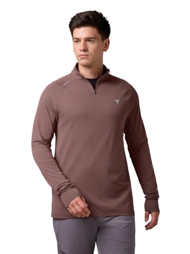 Image of TECHNOSPORT Men's Solid Quarter Zip Gym Slim Fit Active Sports T-Shirt with COTFLEX Full Sleeve Cotton Feel Polyester 4-Way Stretch Memory Fabric Lightweight Workout Running Training