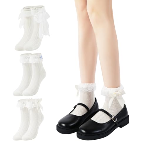 YOYOU Lace Ruffle Ankle Socks for Women Off White Mary Jane Bow Cute Socks