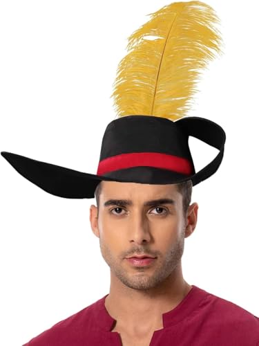 Taeyue Chapéu adulto gato botas cosplay disfarce preto boné vermelho com pena amarela para homens mulheres