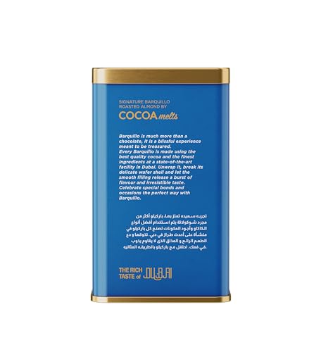 BARQUILLO Premium Roasted Almond Coated Chocolate Tin Pack-10 Pcs|Vanilla Cream Filled Biscuit Roll 200 Gram imported | Dubai couverture taste | Christmas Gift Celebration specially for Festivals