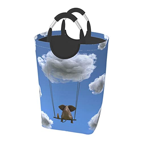 スイング 象と犬 ランドリーバスケット ランドリーかご 洗濯ボックス 収納ボックス 収納バッグ 袋 おしゃれなインテリア雑貨 防水取っ手付き 折りたたみ 大容量 幅32×高さ58(cm)