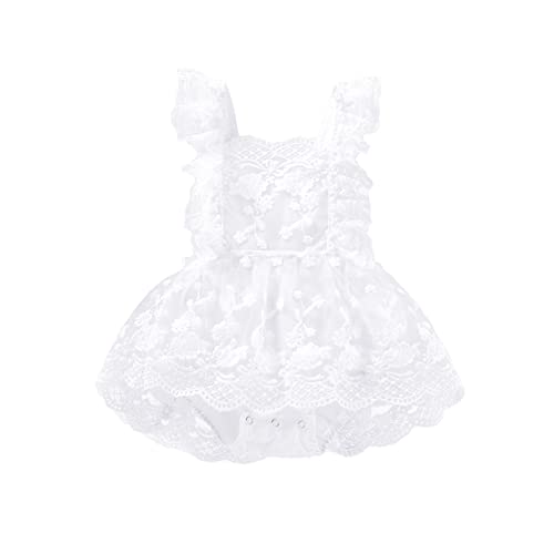 Newborn Baby Girl Sweet Flutter-Sleeve Floral Lace Romper Dress Adjustable Strap Backless One-Piece Dress Playsuit (A-White, 6-12 Months)