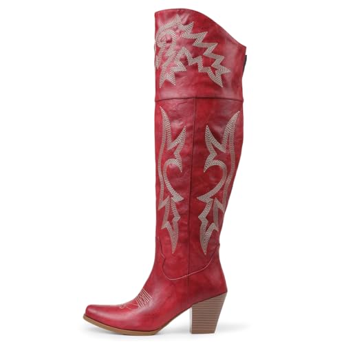 Eteridrey Thigh High Cowboy Boots for Women Pointed Toe Chunky Heels Wide Calf Cowgirl Booties Classic Embroidered Western shoes for Summer3