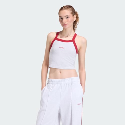 Image of adidas Women's Seasonal Essentials Colorpop Tank with Embroidered Graphic, Light Grey Heather/Active Maroon, S
