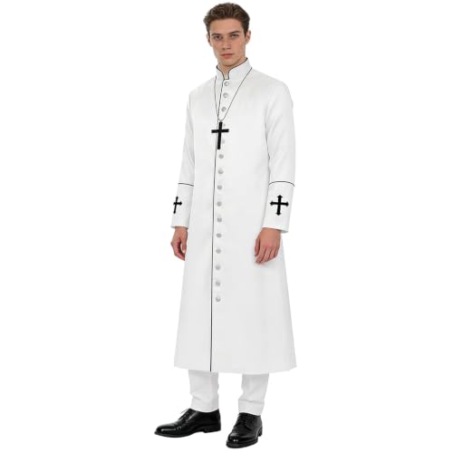 NALLWY Men Gothic Priest Costume Clergy Robe Medieval Cassock Minister Coat Halloween Outfits(White-2,XXL)