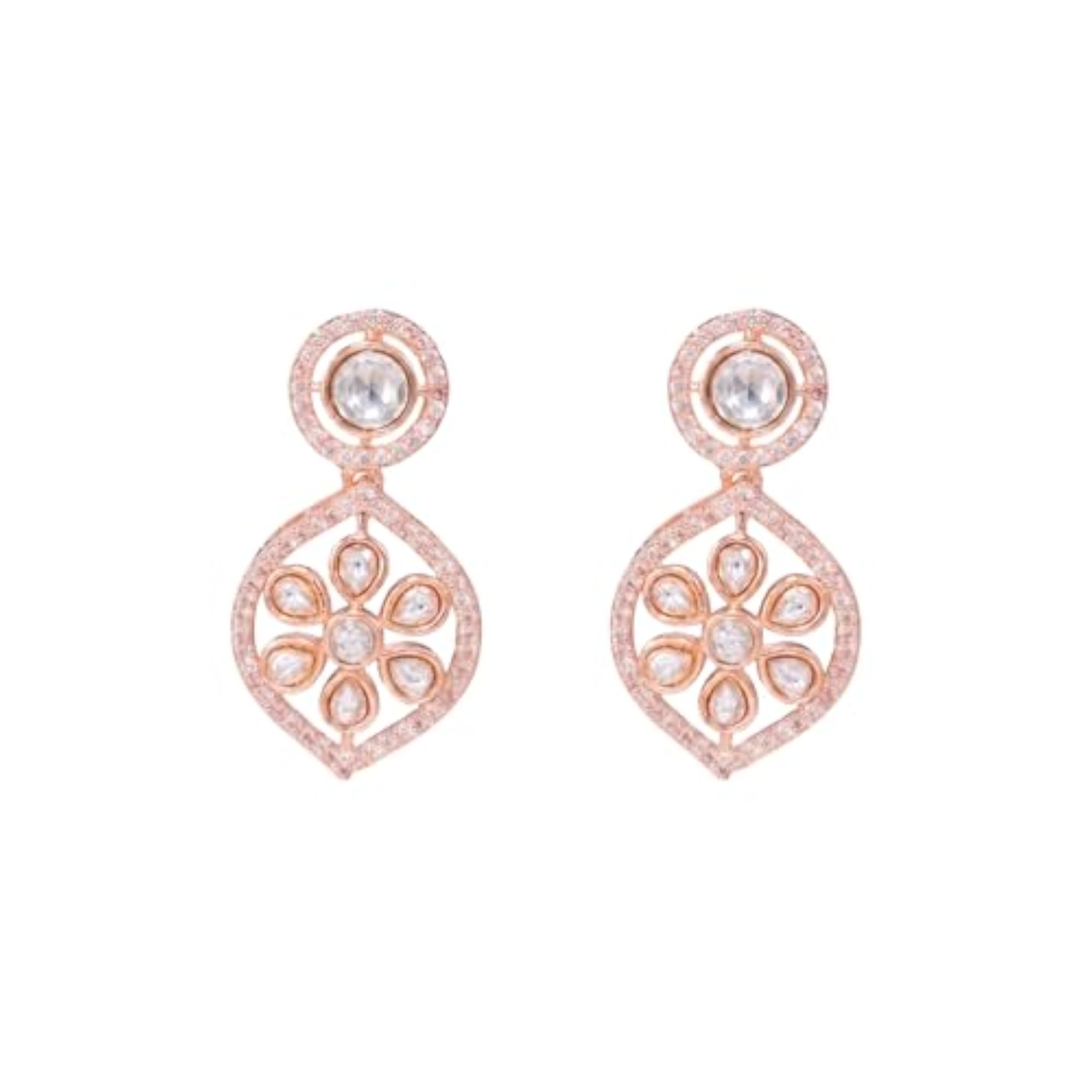 Women's White Rose Gold Plated Ethnic Necklace Earrings Set