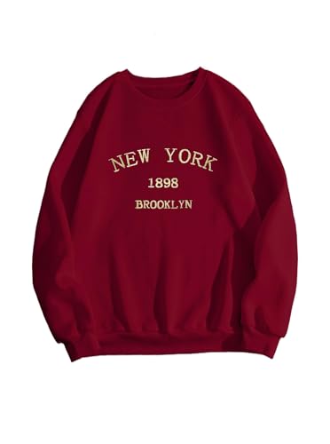 Hilinker Women's Graphic Crewneck Sweatshirts Cute Pullover Casual Loose Long Sleeve Tops Burgundy New York Large
