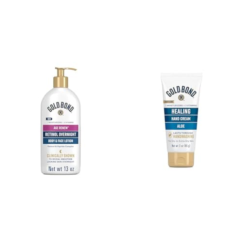 Gold Bond Age Renew Retinol Overnight Body & Face Lotion, With Retinol & Peptide Complex, 13 oz. & Healing Hand Cream, 3 oz., With Aloe, Moisture That Lasts Through Handwashing