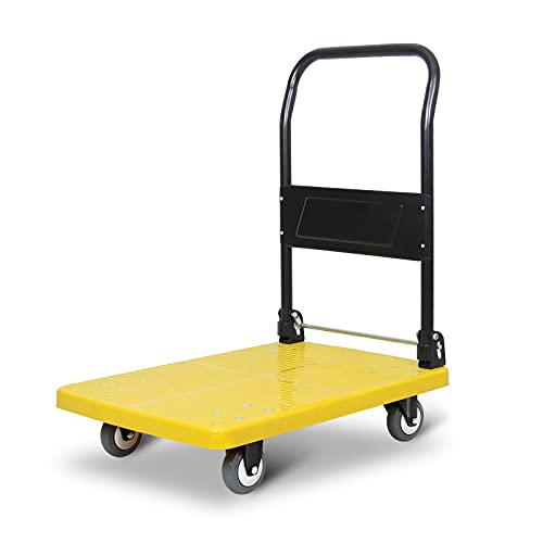 フラットベッドハンドカート プラスチックデッキ ハンドトラック 移動プラットフォーム カート 金属製折りたたみ式ハンドル サイレントホイール オフィス 書店用 大容量 トロリー 高耐久 フラットベッドカート (サイズ:イエロー-スモール-ウルトラ