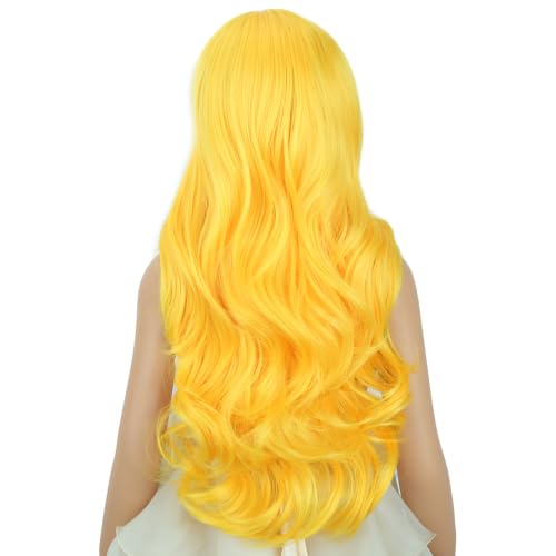 Image of Women Gold Yellow Wig Women Long Yellow Wavy Curly Wig Long Middle Part Wigs for Women Heat Resistant Synthetic Wigs with Cap