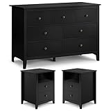 LQFATEST 3 Pieces Bedroom Set, 7 Drawer Dresser and 2 Drawer Nightstands Set, Wooden Bedroom Furniture, Modern, Black