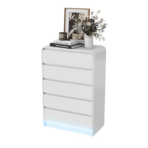 HFASD Cómoda con 5 cajones, cómoda blanca con iluminación LED, aparador alto, aparador estrecho, moderno y aparador, mesa auxiliar para salón o dormitorio (blanco, 73 x 40 x 110 cm)