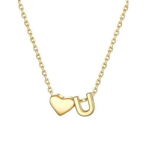 PROSILVER Initial Heart Necklace for Women, 925 Sterling Silver Tiny Heart Letter Necklace Siver, Gold Necklace, Come with Box U Gold