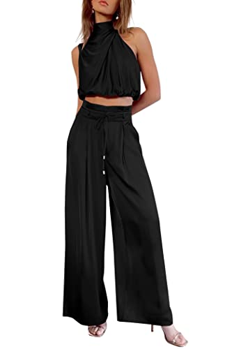 Image of PRETTYGARDEN Women's 2 Piece Outfits 2023 Summer Casual Sleeveless Mock Neck Crop Tops Wide Leg Pants Set