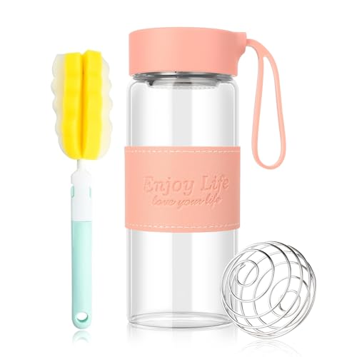 WnlahuWA 1 vaso agitador de cristal de 480 ml, de acero inoxidable 304, sin olor, sin BPA, con bola agitadora de 16 onzas y limpiador (rosa)