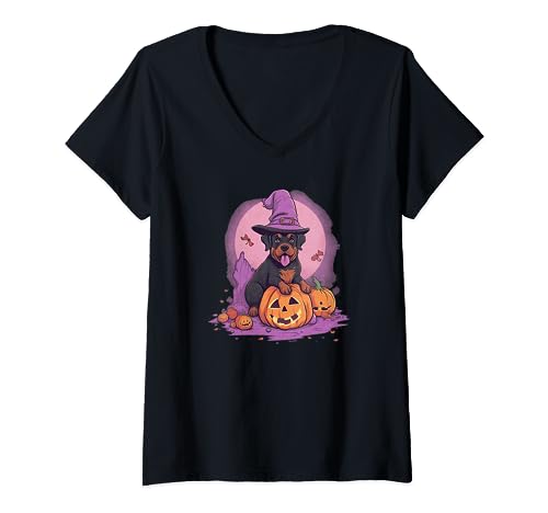 Pumpkin Rottweiler Dog October Fall Autumn Halloween Graphic V-Neck T-Shirt