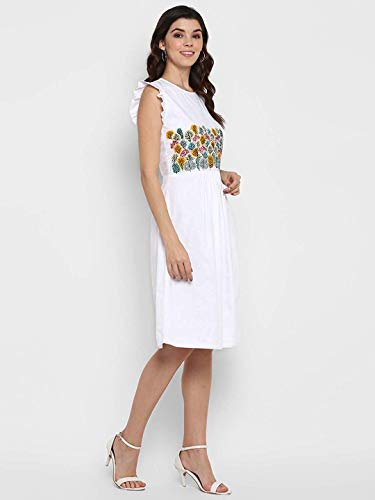 Image of DEEBACO White Front Embroidered Ruffle Dress Front Yoke Ruffle Detail at Upper Sleeveless Casual Round Neck Middi Dress