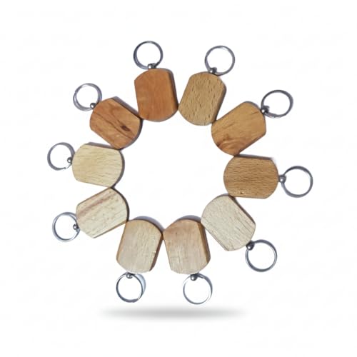 Image of Empty Wooden Keychains, Laser Engravable, Printable & Writable, Pack of 10 Assorted Shapes, 5cm x 3cm