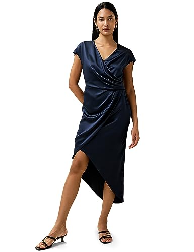 LilySilk X Natasha Exklusives Damen Seidenkleid Frau 22MM Maulbeerseide Wickelkleid mit asymmetrischem Schnitt und Seitenschlitz(Dunkel Blau,40)